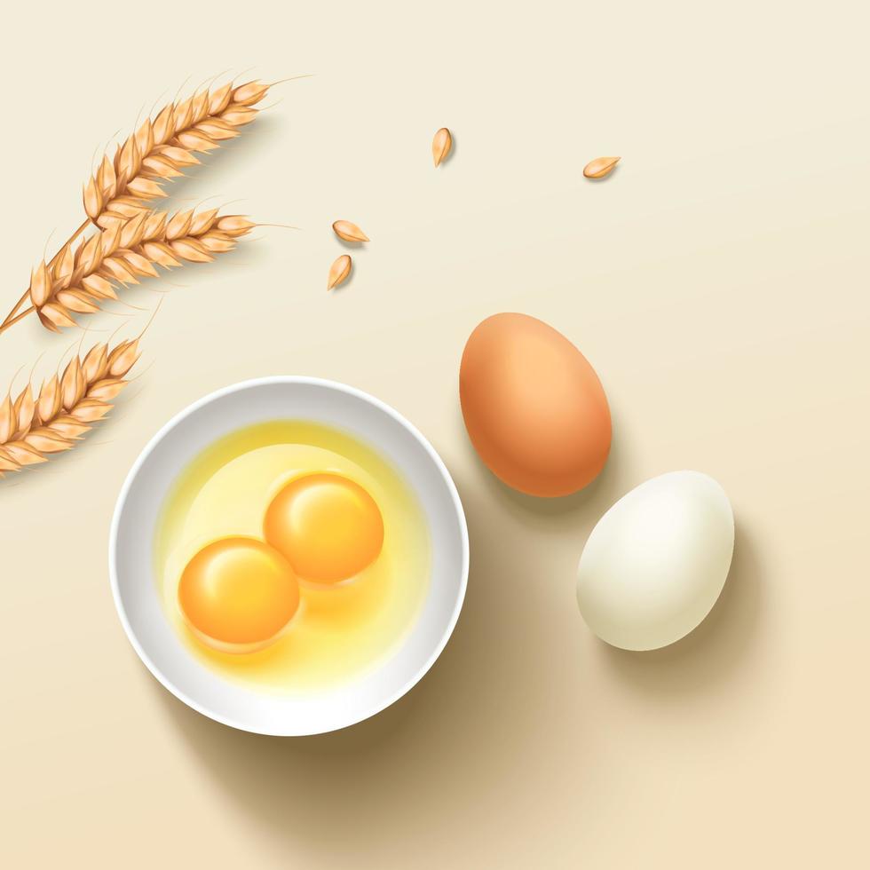 Top view of eggs and wheat. Illustration of raw materials suitable 