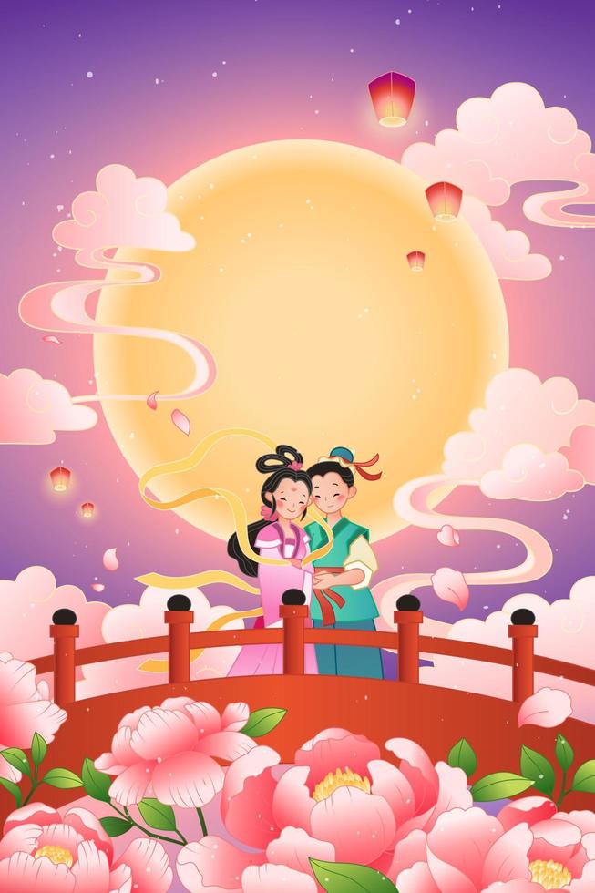 Qixi festival banner. Illustration of weaver girl and cowherd at bridge hug each other in front of full moon vector