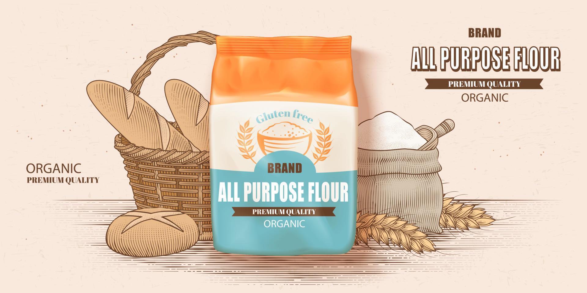 Flour pack advertisement design. Illustration of a 3d all-purpose flour package on an engraving background of bread and baking utensils vector