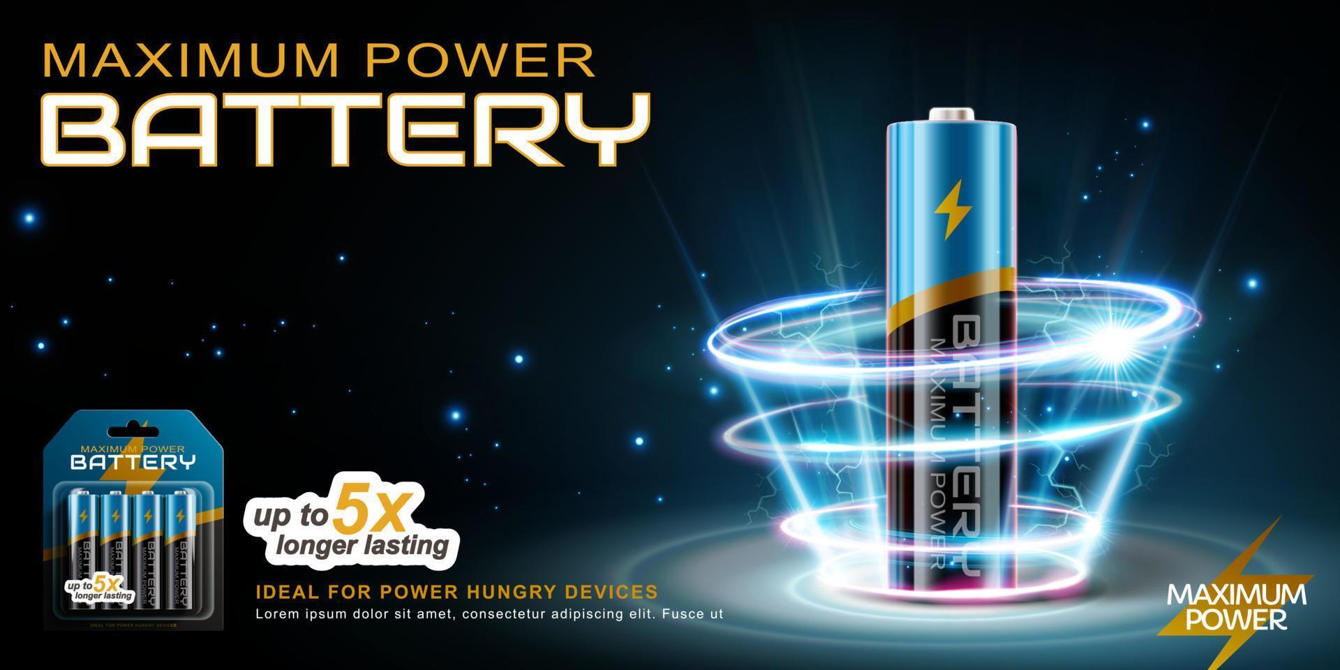 3d Li-Ion AA battery surrounded by glowing halos. Banner advertisement designed on a blue-black background vector