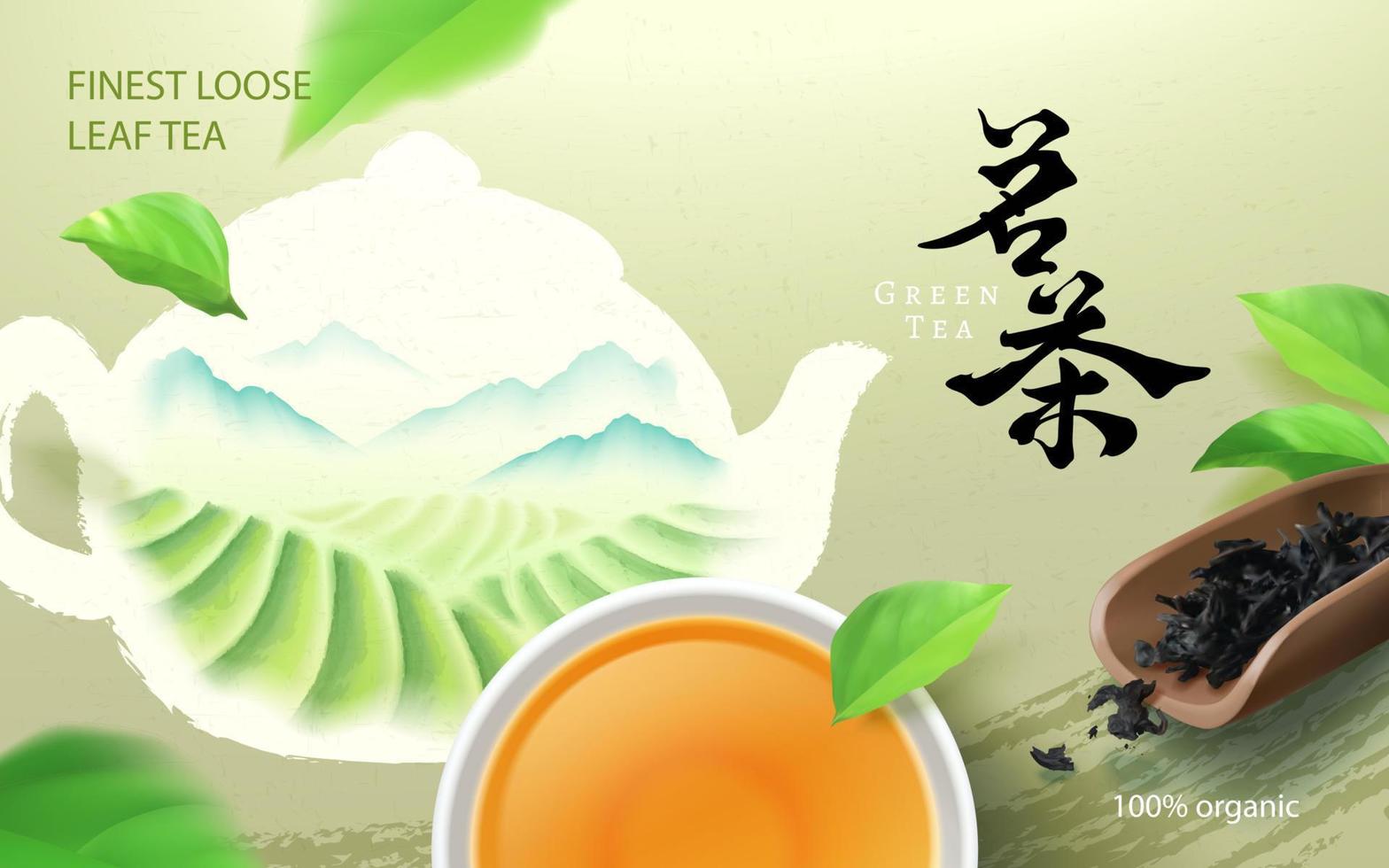 Ad layout design. Tea plantation theme watercolor framed in teapot shape with 3d teacup and tea spoon viewed from above. Translation, Premium tea. vector
