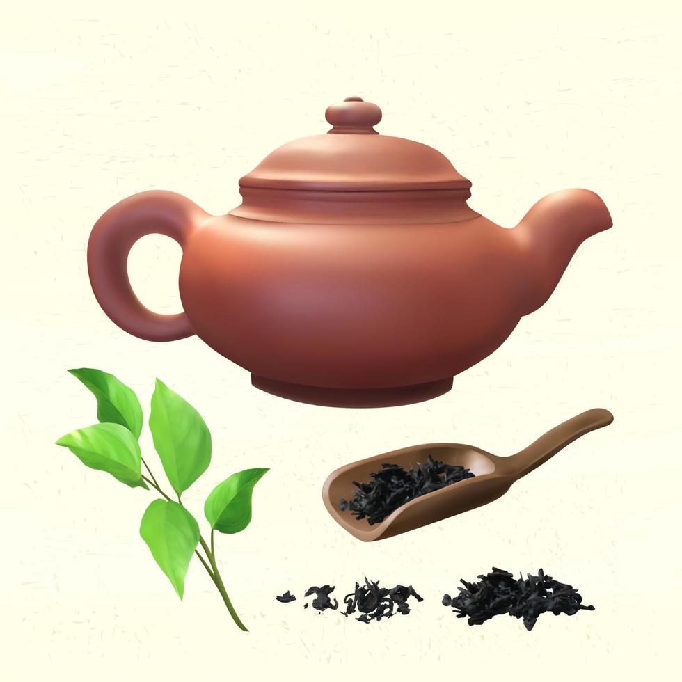 3d realistic Asian teaware collection, including ceramic teapot, bamboo tea spoon and tea leaves. vector