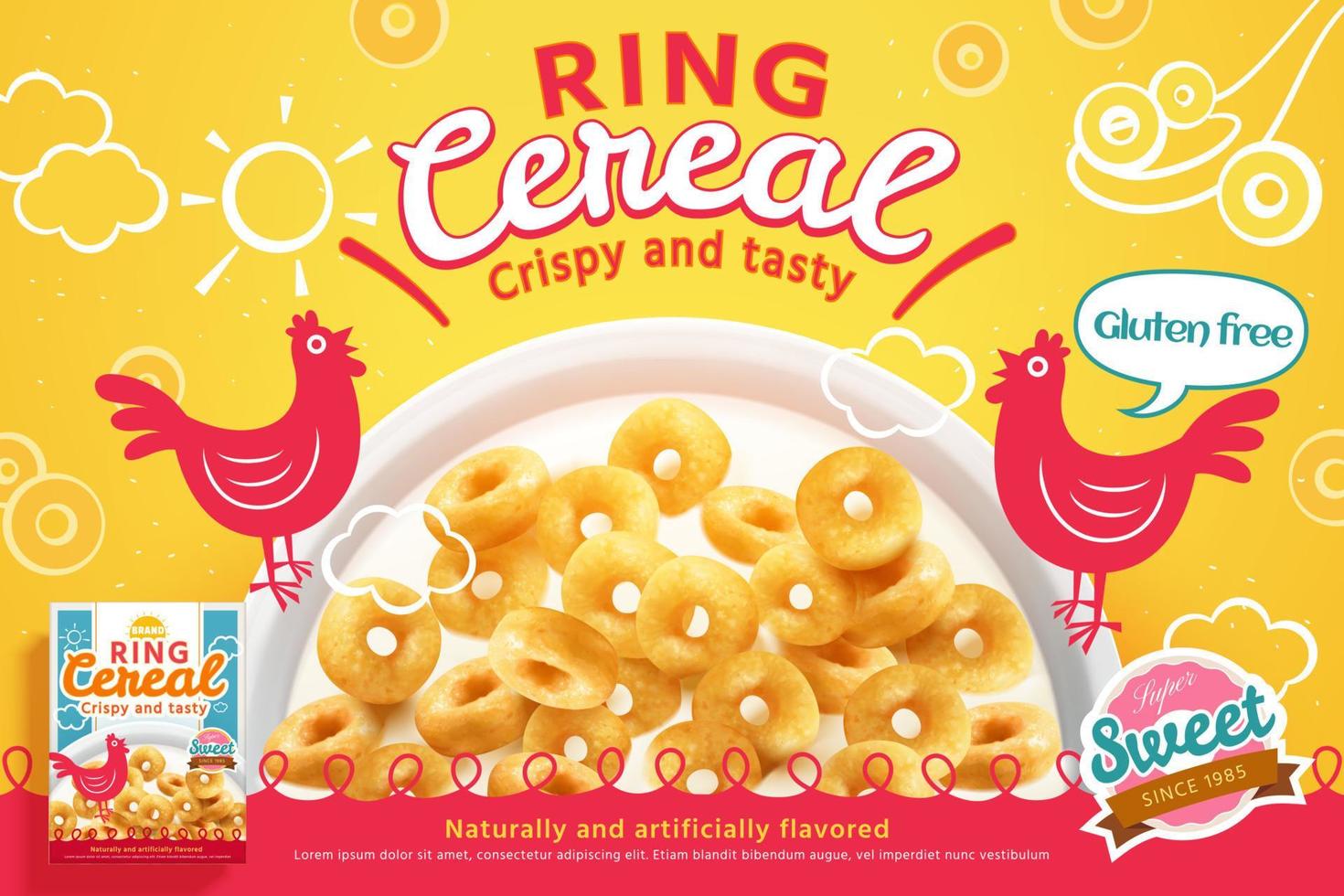 realista anillo cereal en el Leche cuenco con gallos ilustración como un Mañana comida. 3d anuncio bandera vector