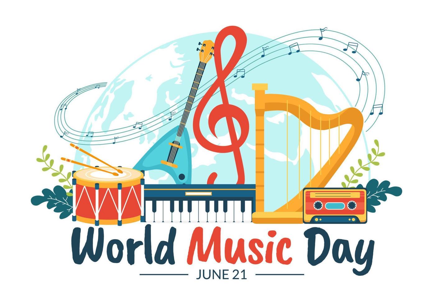 World Music Day Illustration with Various Musical Instruments and Notes in Flat Cartoon Hand Drawn for Publication Poster or Landing Page Templates vector