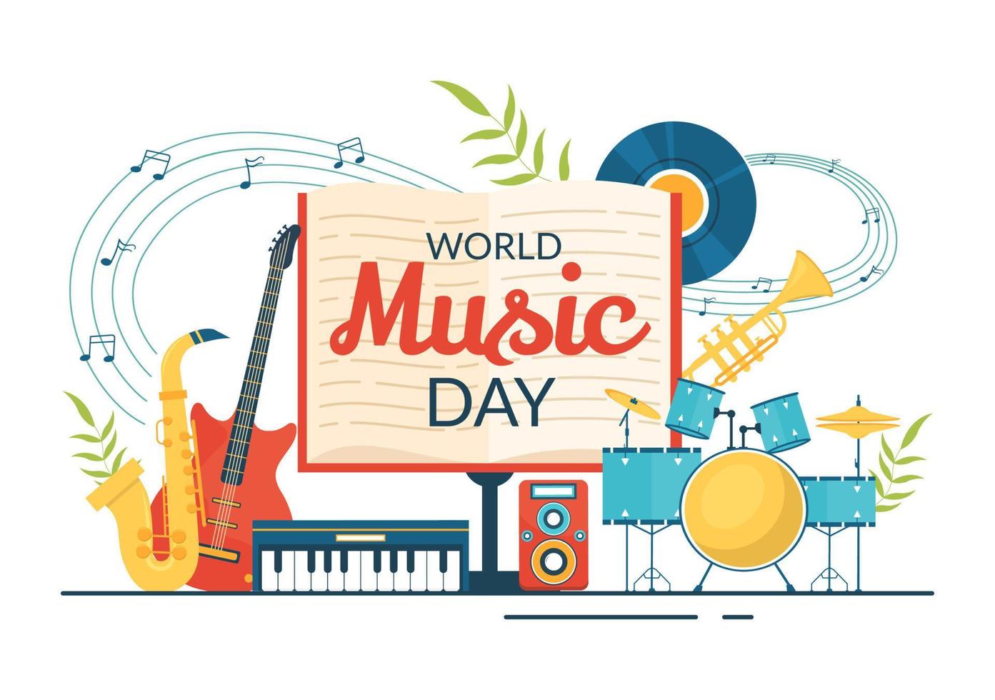 mundo música día ilustración con varios musical instrumentos y notas en plano dibujos animados mano dibujado para publicación póster o aterrizaje página plantillas vector
