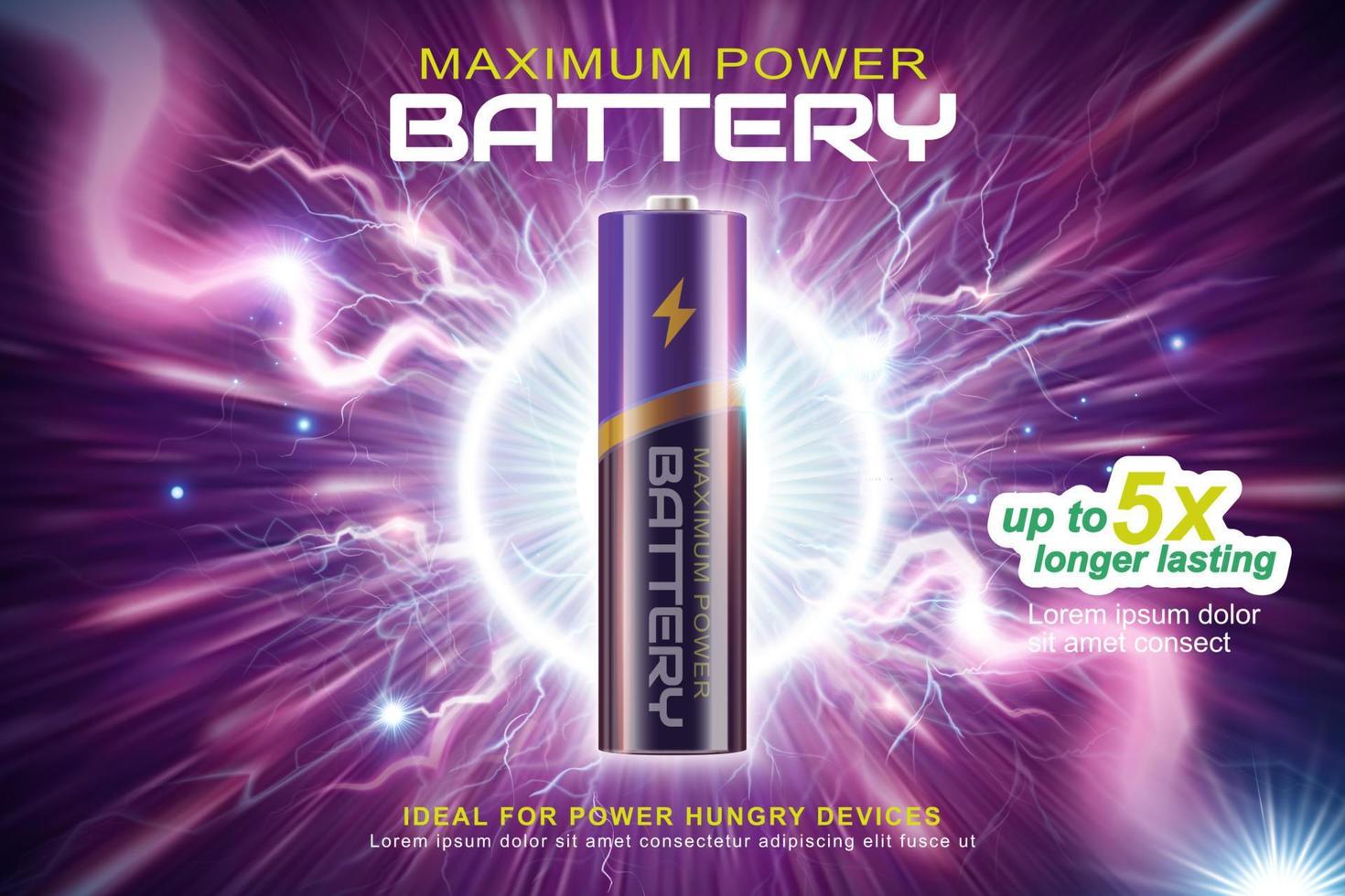 3d Li-Ion AA battery discharging and its electric waves. Banner advertisement designed on a purple background vector