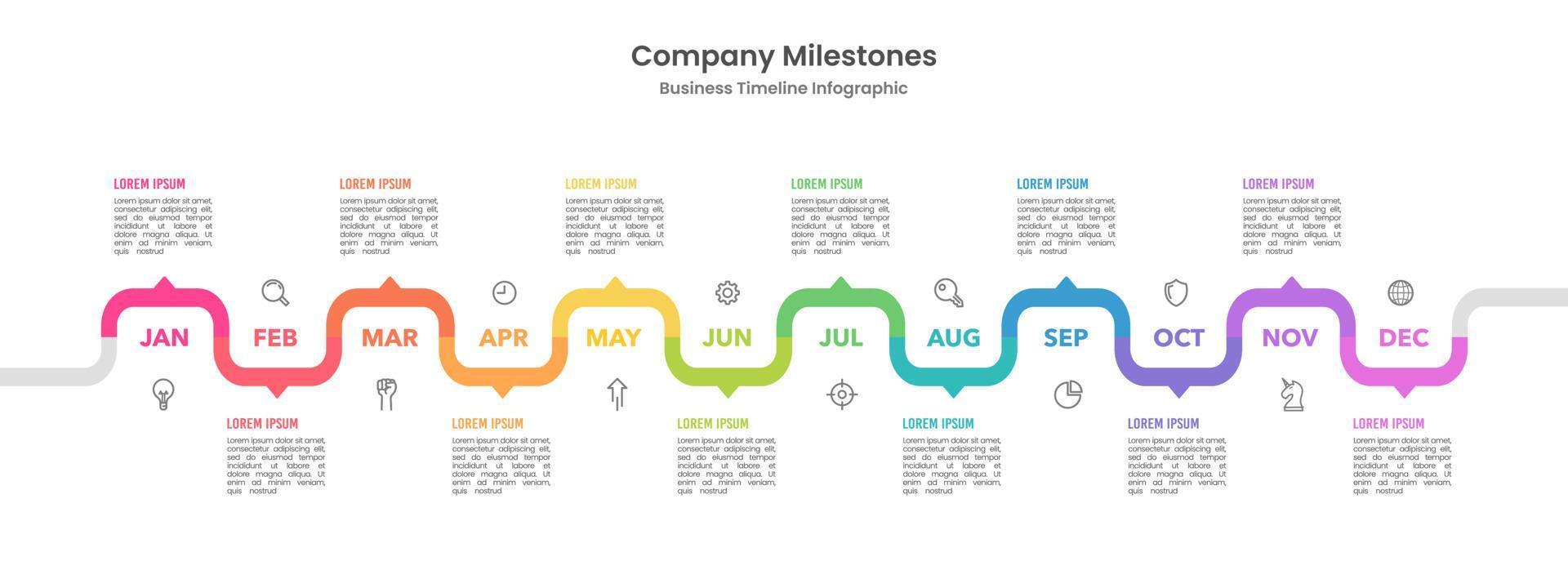 12 months timeline of infographic company strategy plan and business expansion. Vector illustration