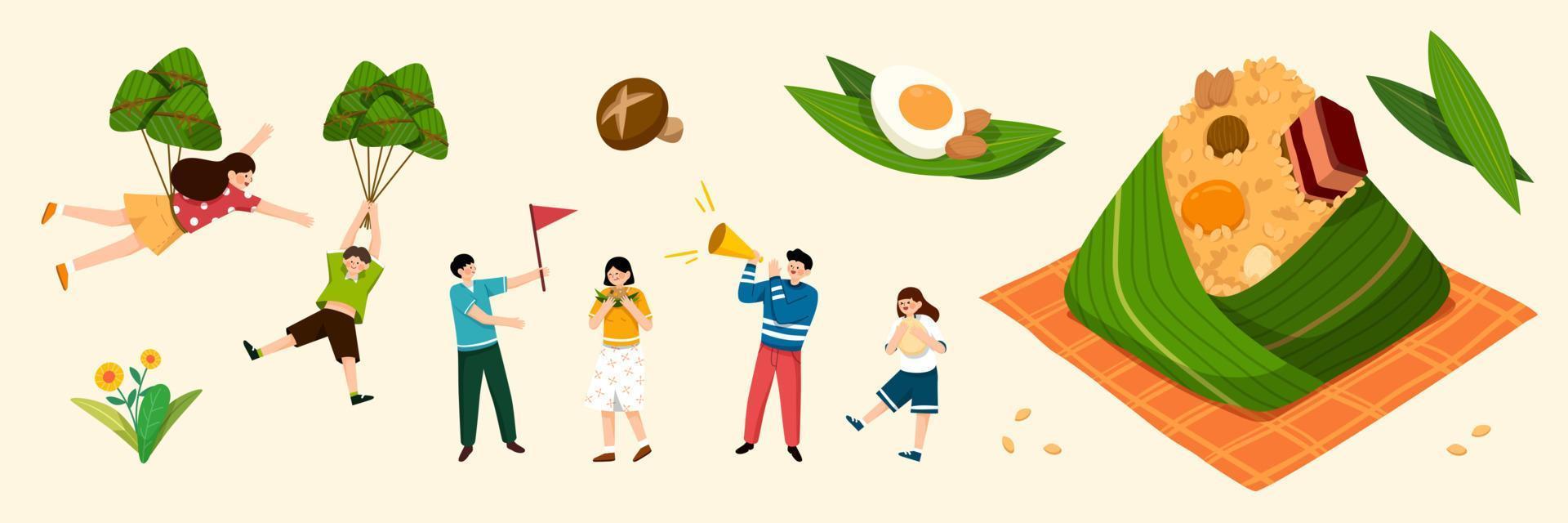 Elements for Duanwu Festival in flat style, including people, rice dumplings, and other zongzi ingredients. vector