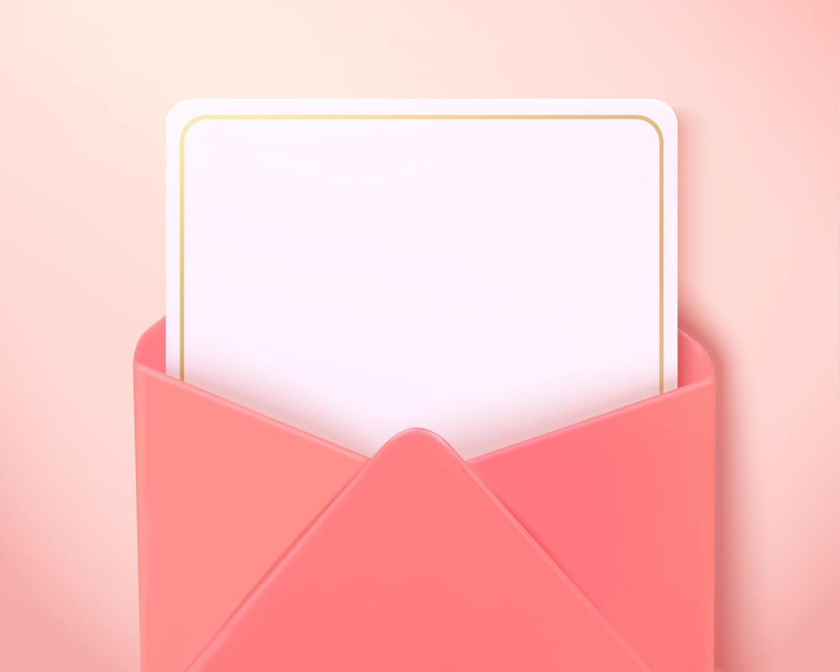 parte superior ver de blanco papel tarjeta en un abierto rosado sobre. 3d amor letra aislado en rosado fondo, adecuado para de la madre día y San Valentín día. vector