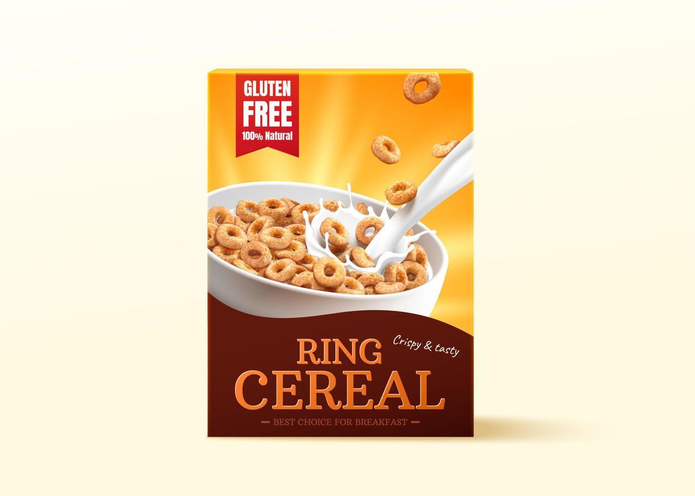 3d realistic carton box package design for ring cereals or cheerios. Product mock up isolated on light yellow background. vector