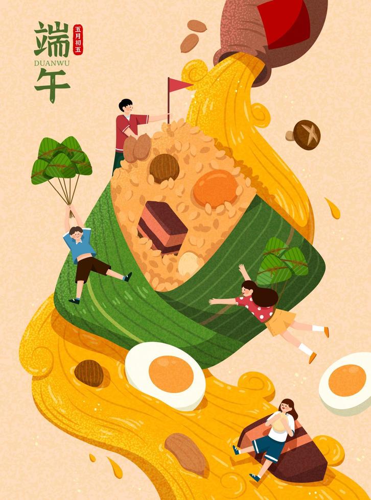 Banner for Duanwu Festival in flat style, with a regular wine pouring on zongzi from above. Chinese translation, Dragon Boat Festival on the 5th day of the fifth lunar month vector