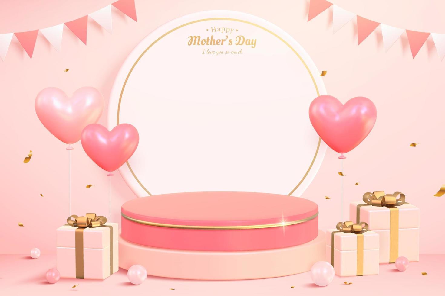 3d product display podium. Composition design with round paper, gift boxes, and heart shape balloons. Minimal pink background for Mother's day and Valentine's Day. vector