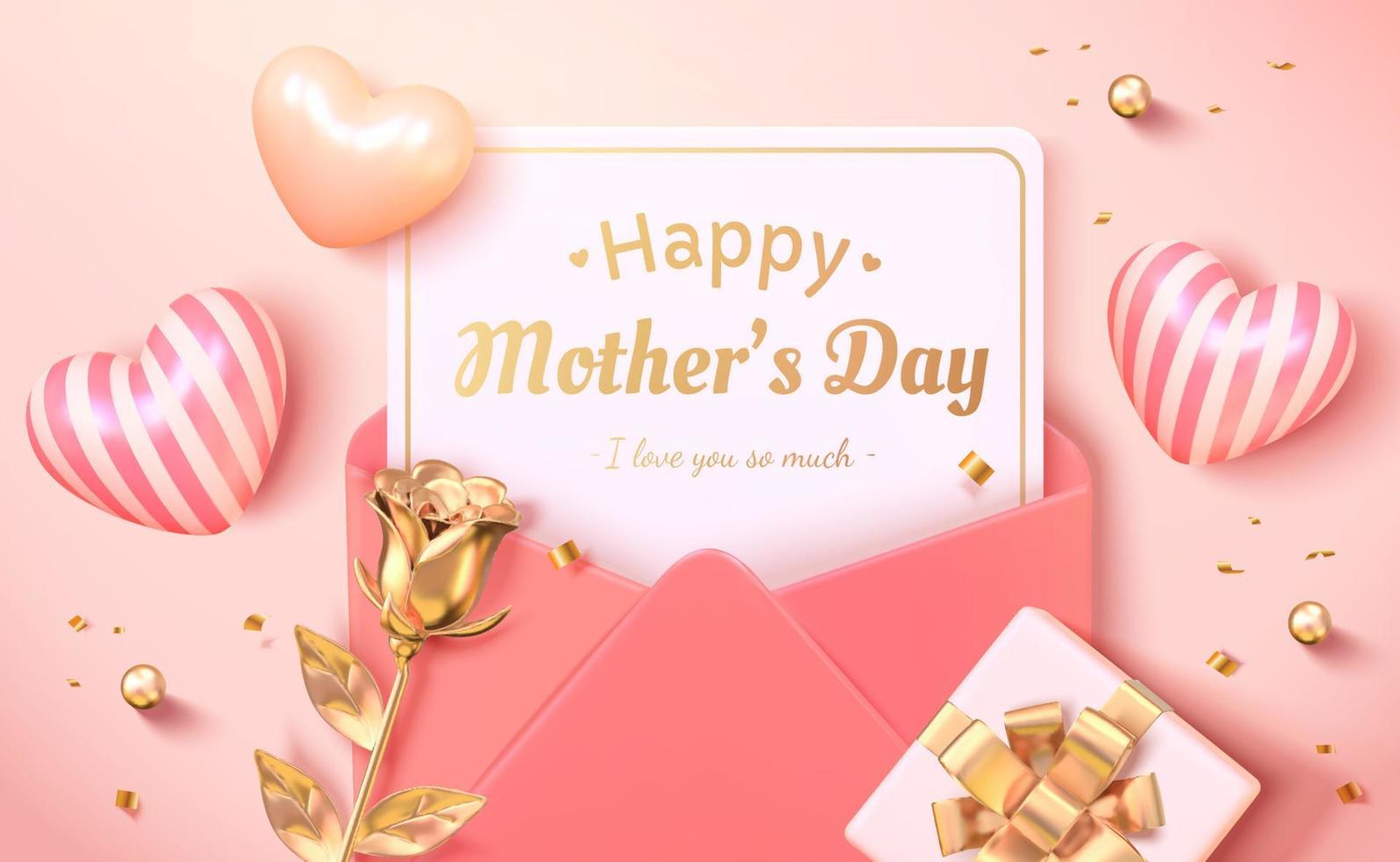 Layout design of envelope, heart shape, golden rose and gift box viewed from above. 3d background for Mother's day, Women's day and wedding invitation. vector