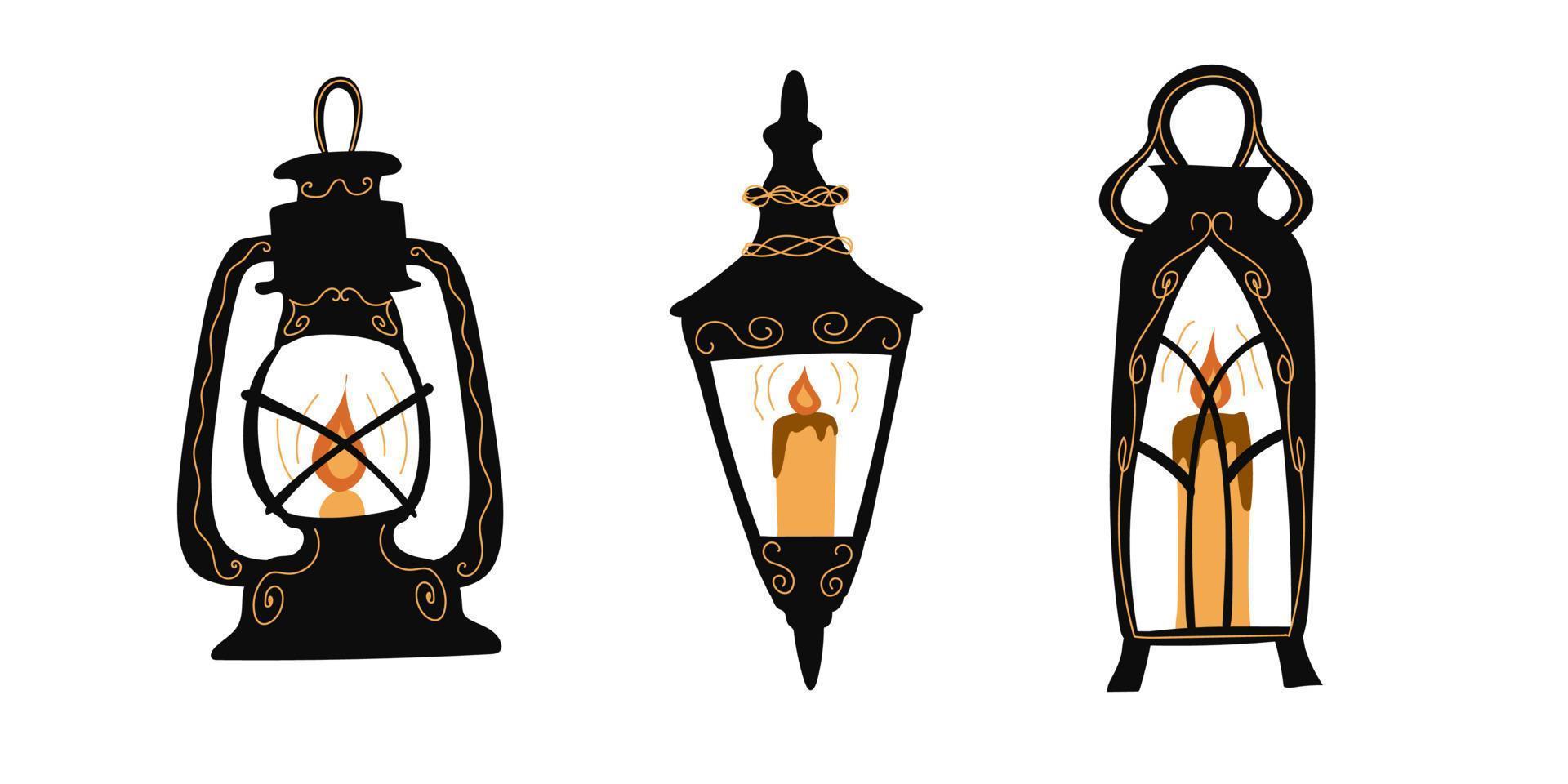 Lighting outdoor garden urban fixture flat set. Front street lamp spot outside inside building courtyard technique street. Modern classic gothic style vector