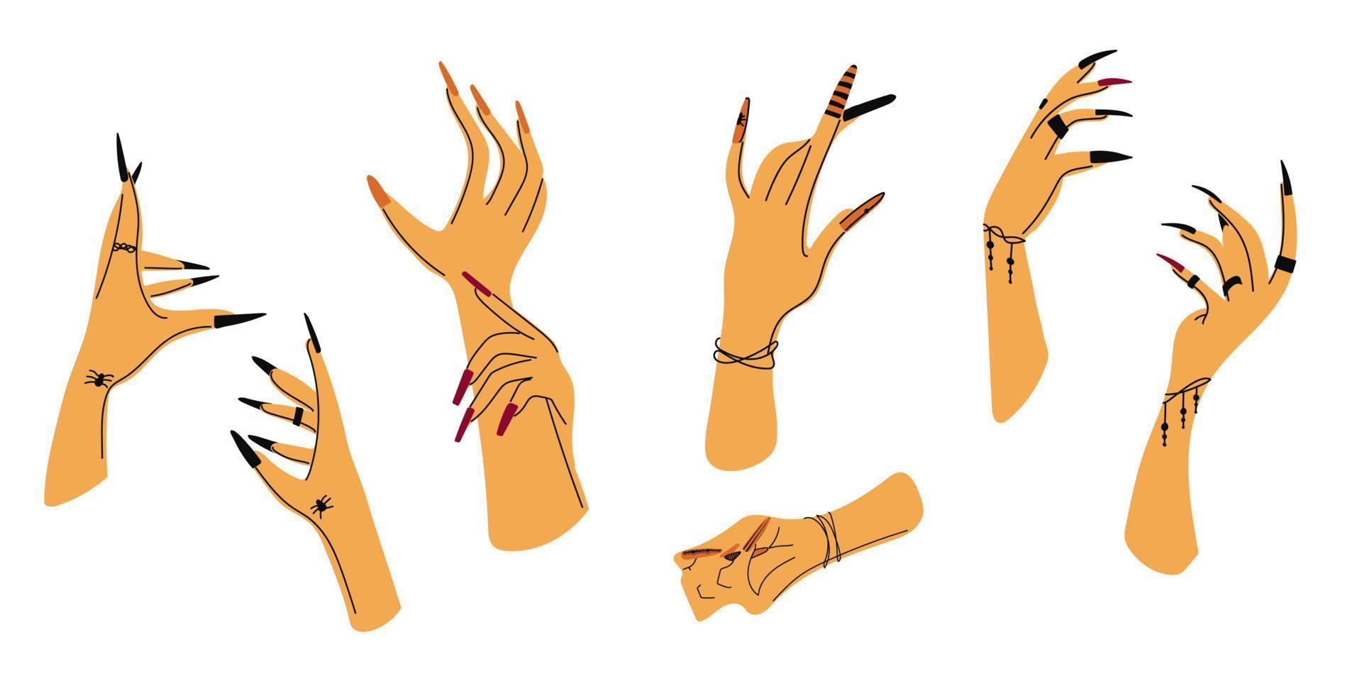 Witch hands with black nails, and rings. Boho style. Flat illustration. Vector. vector