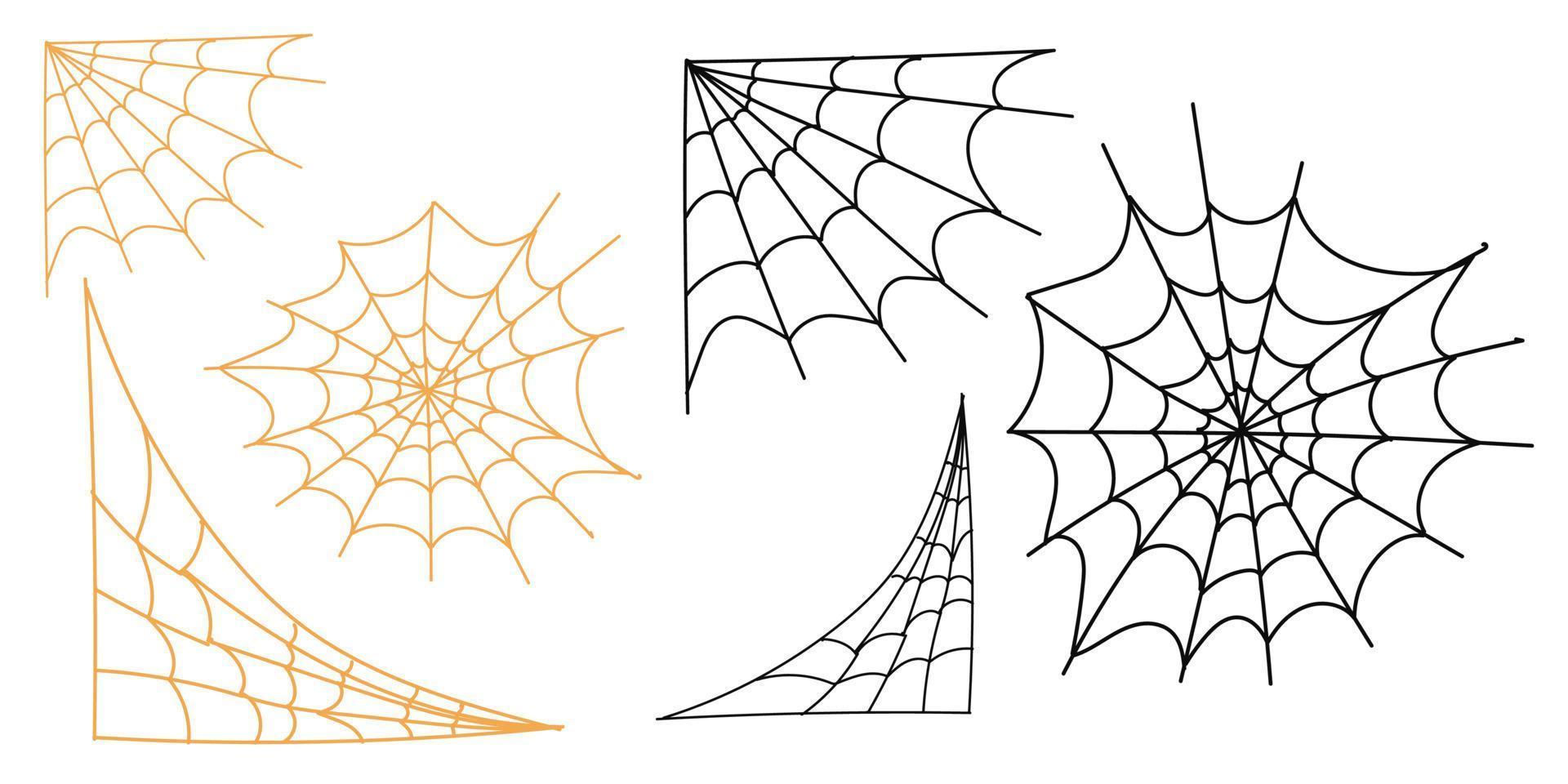Set of spider web for Halloween. Halloween cobweb, frames and borders, scary elements for decoration. Hand drawn spider web or cobweb with hanging spider. Vector
