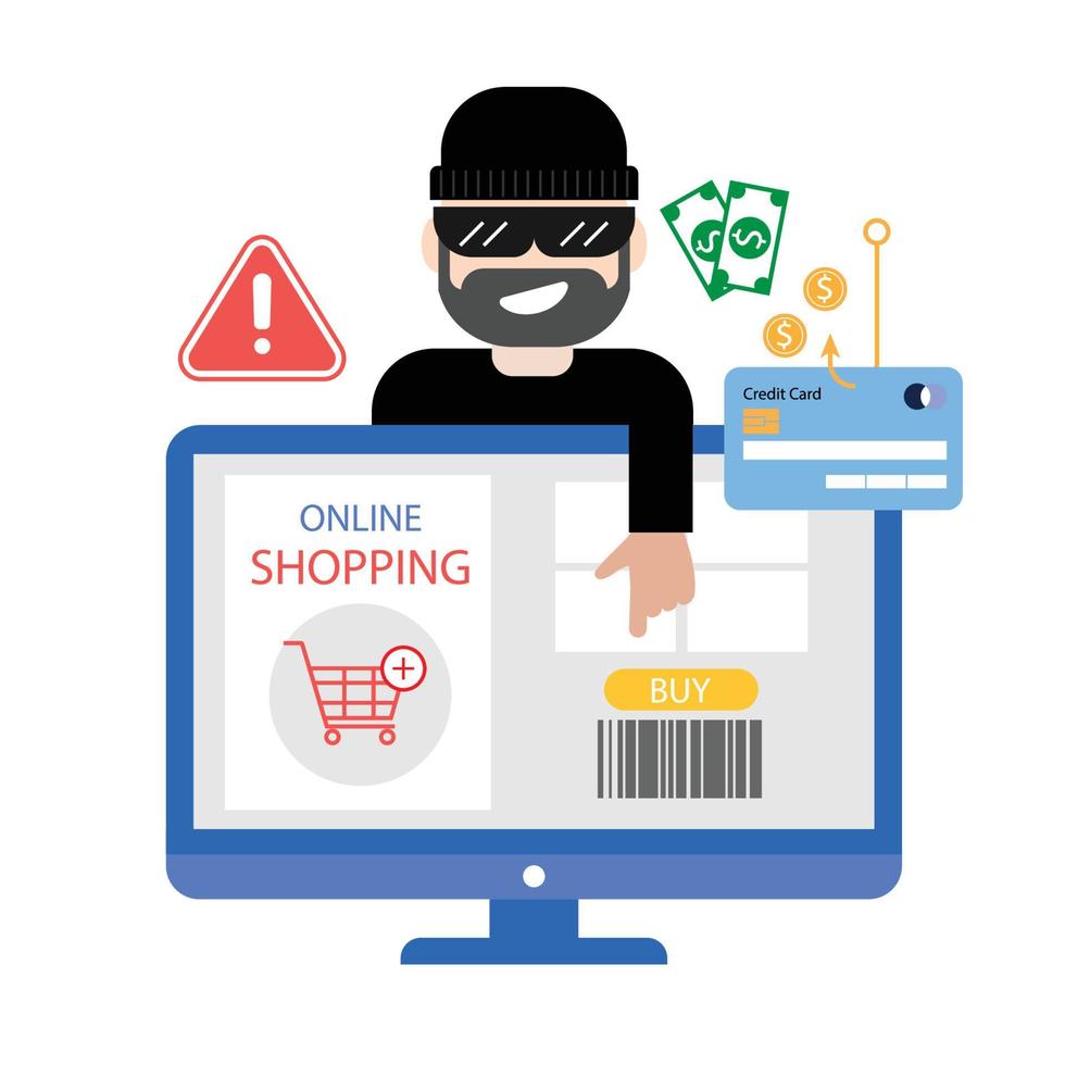Hacker phishing credit card, financial information from online shopping. vector