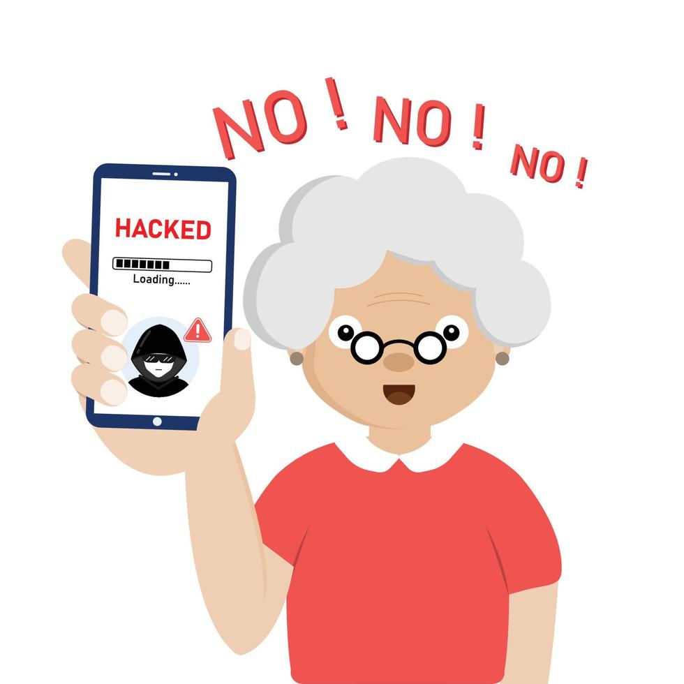 Older Warning smartphone with hacker alert. Cyber crime concept. vector