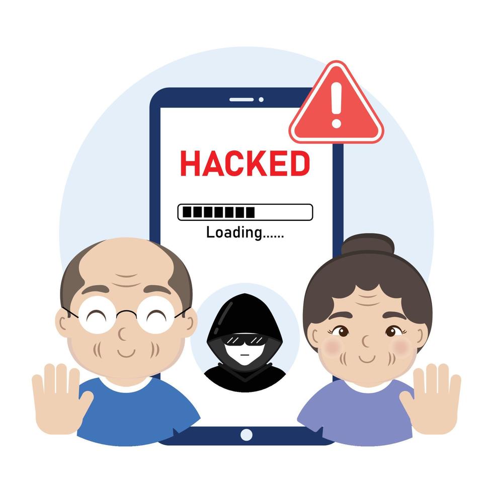 older Warning smartphone with hacker alert. Cyber crime concept. vector