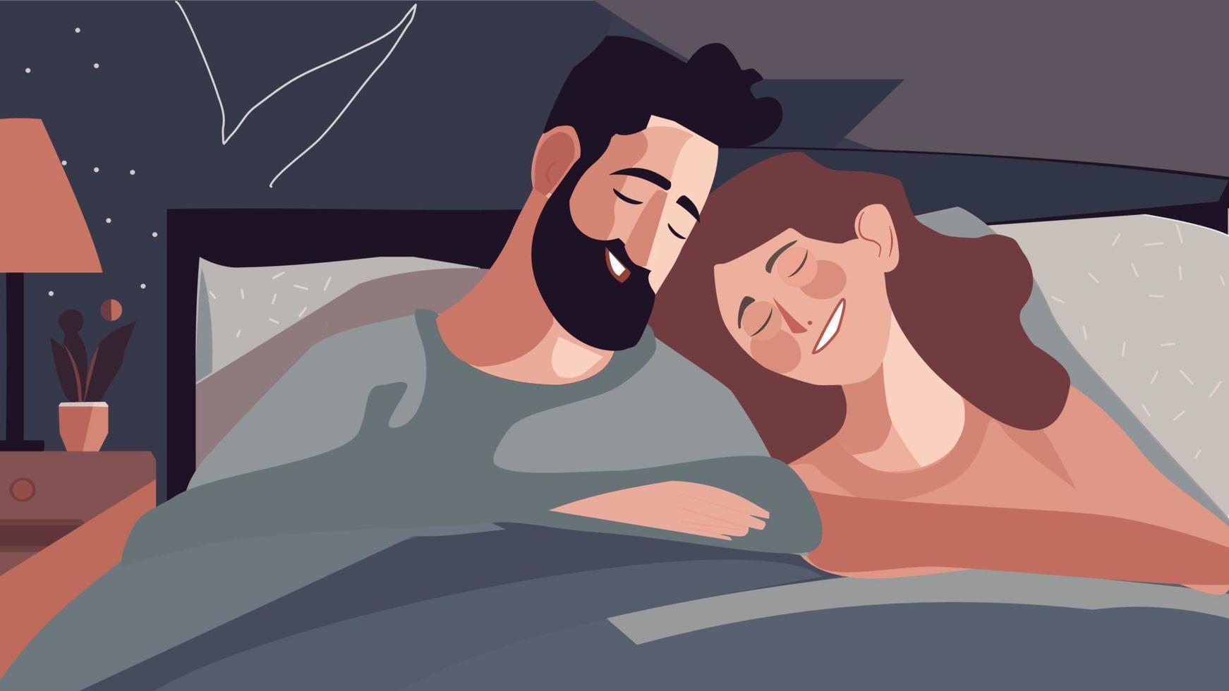 dormido esposa y marido, Pareja sonriente en cama, intimidad. vector