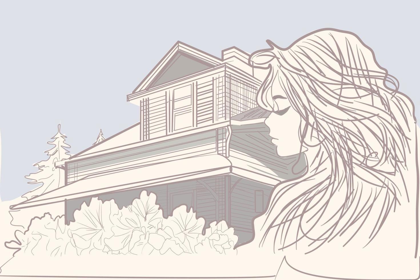 Beautiful woman, beautiful house, roses, vector line art illustration.