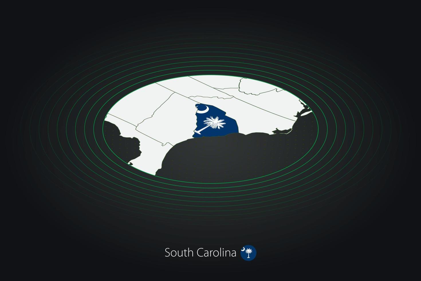 South Carolina map in dark color, oval map with neighboring US states. vector