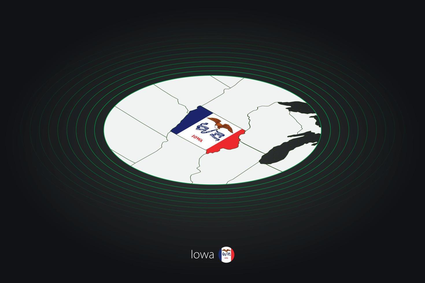 Iowa mapa en oscuro color, oval mapa con vecino nosotros estados vector