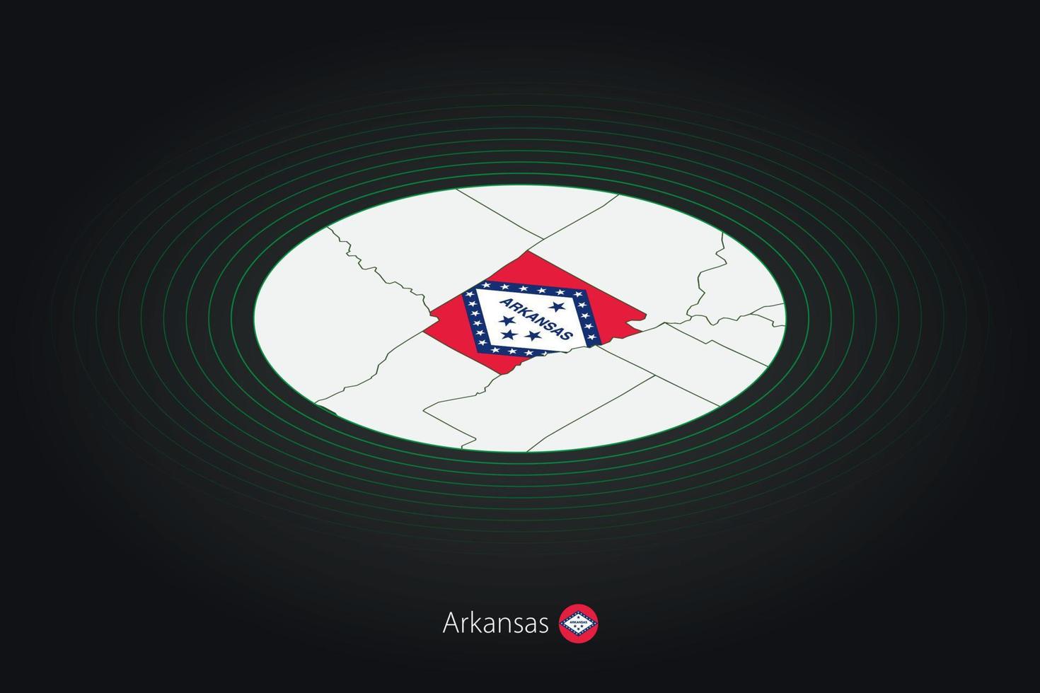 Arkansas map in dark color, oval map with neighboring US states. vector