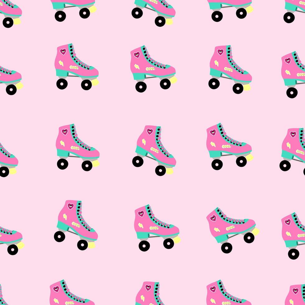 Seamless pattern with roller skate. Pink background. Vintage style. Retro hand drawn laced boots, colorful vector illustration