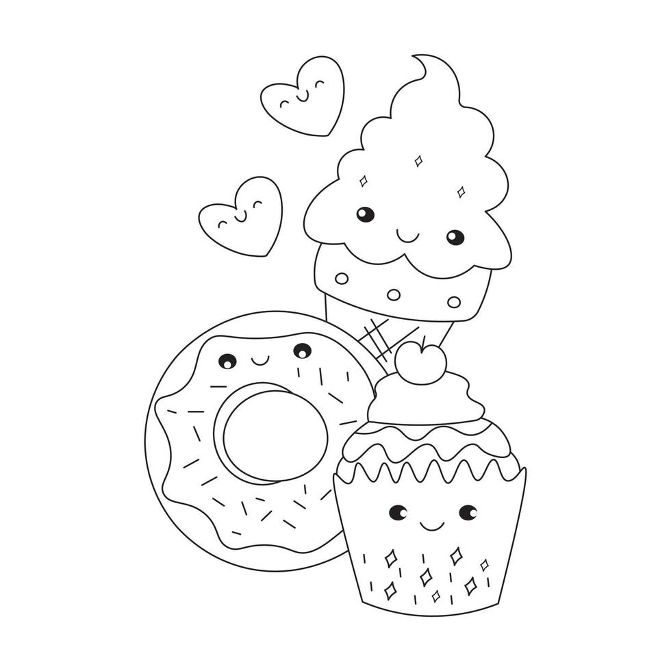 Hand-drawn kawaii ice cream illustration to color vector
