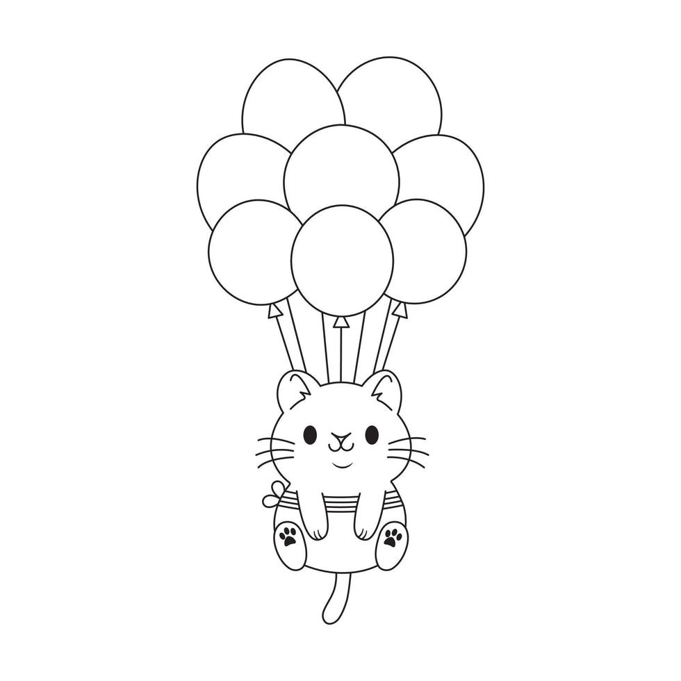 Vector a cute cat in love flies on balloons coloring book page for kids