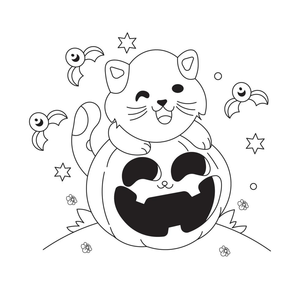 Halloween kitty and pumpkin coloring page vector