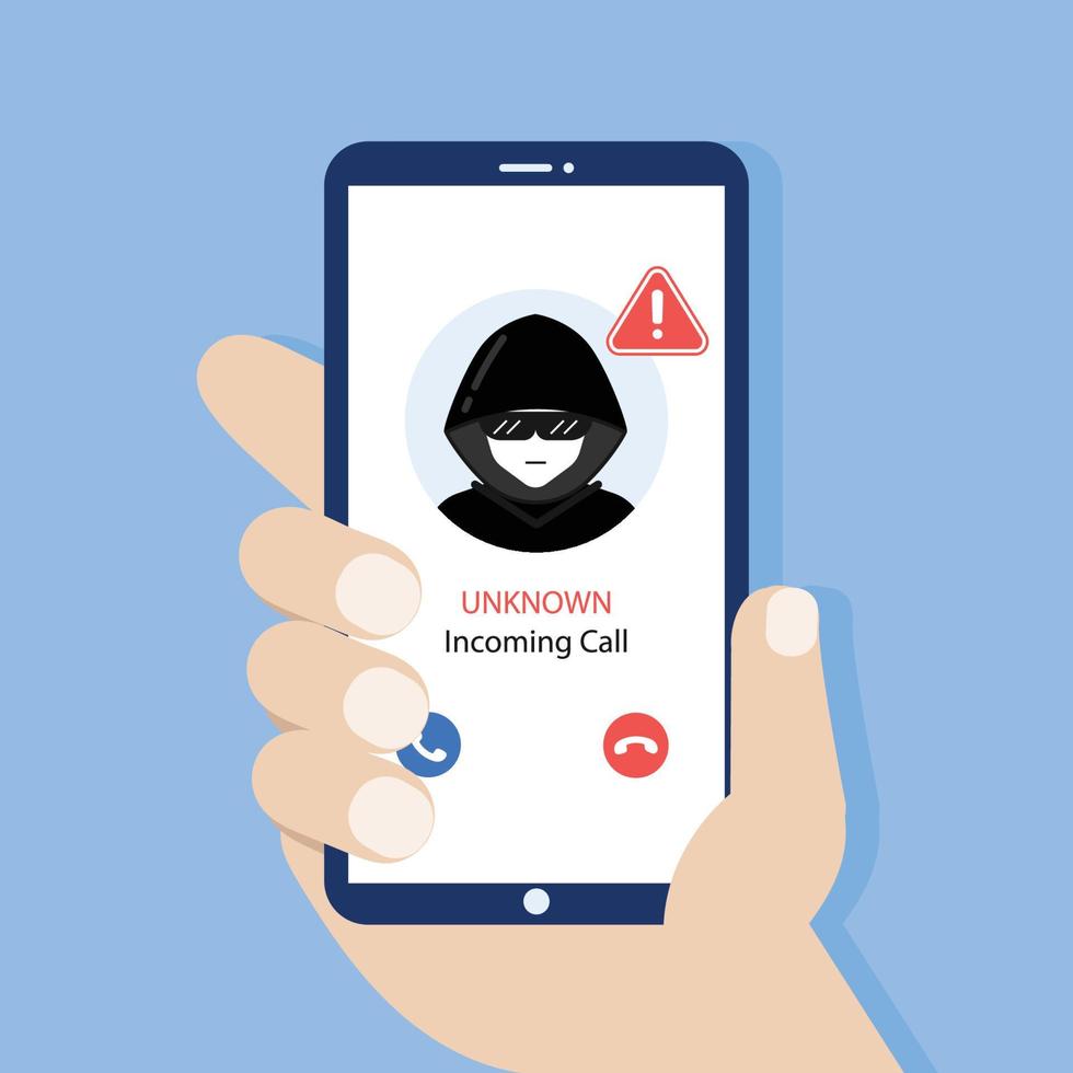 Hand  Hold smartphone call from unknown or stranger number. vector