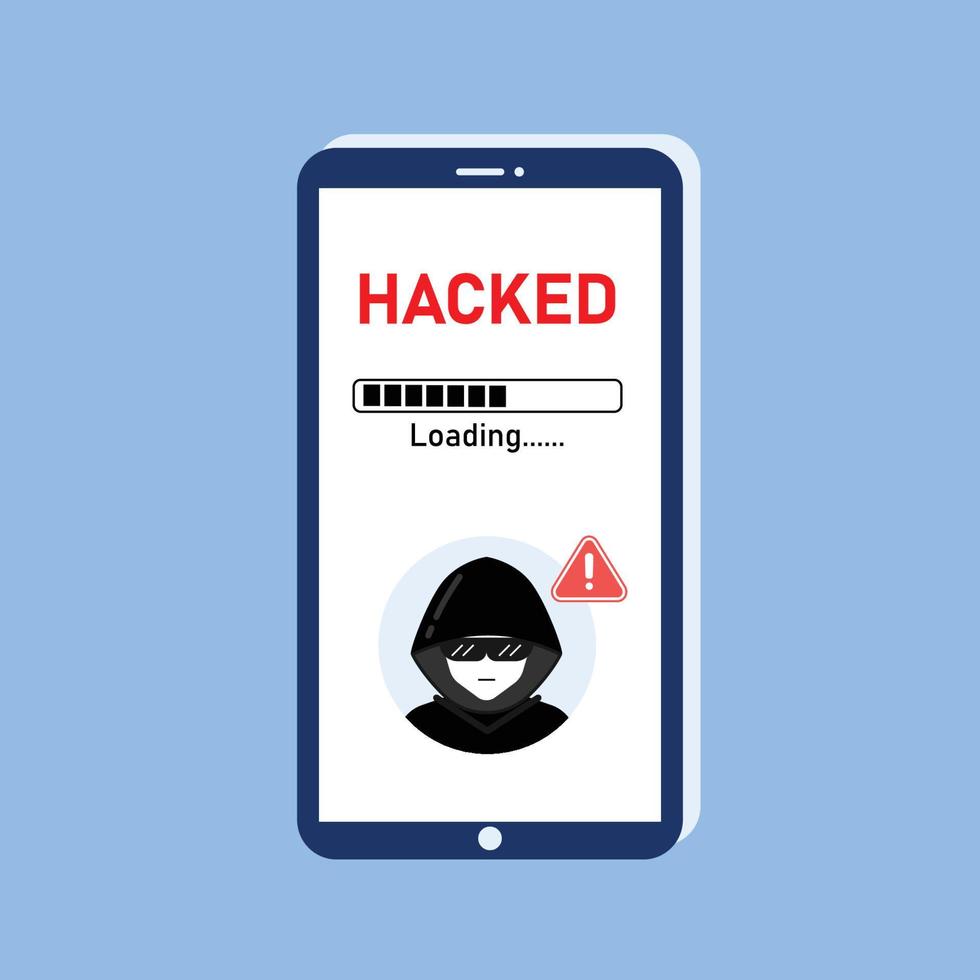 Hand  Hold smartphone with hacker alert. Cyber crime concept. vector