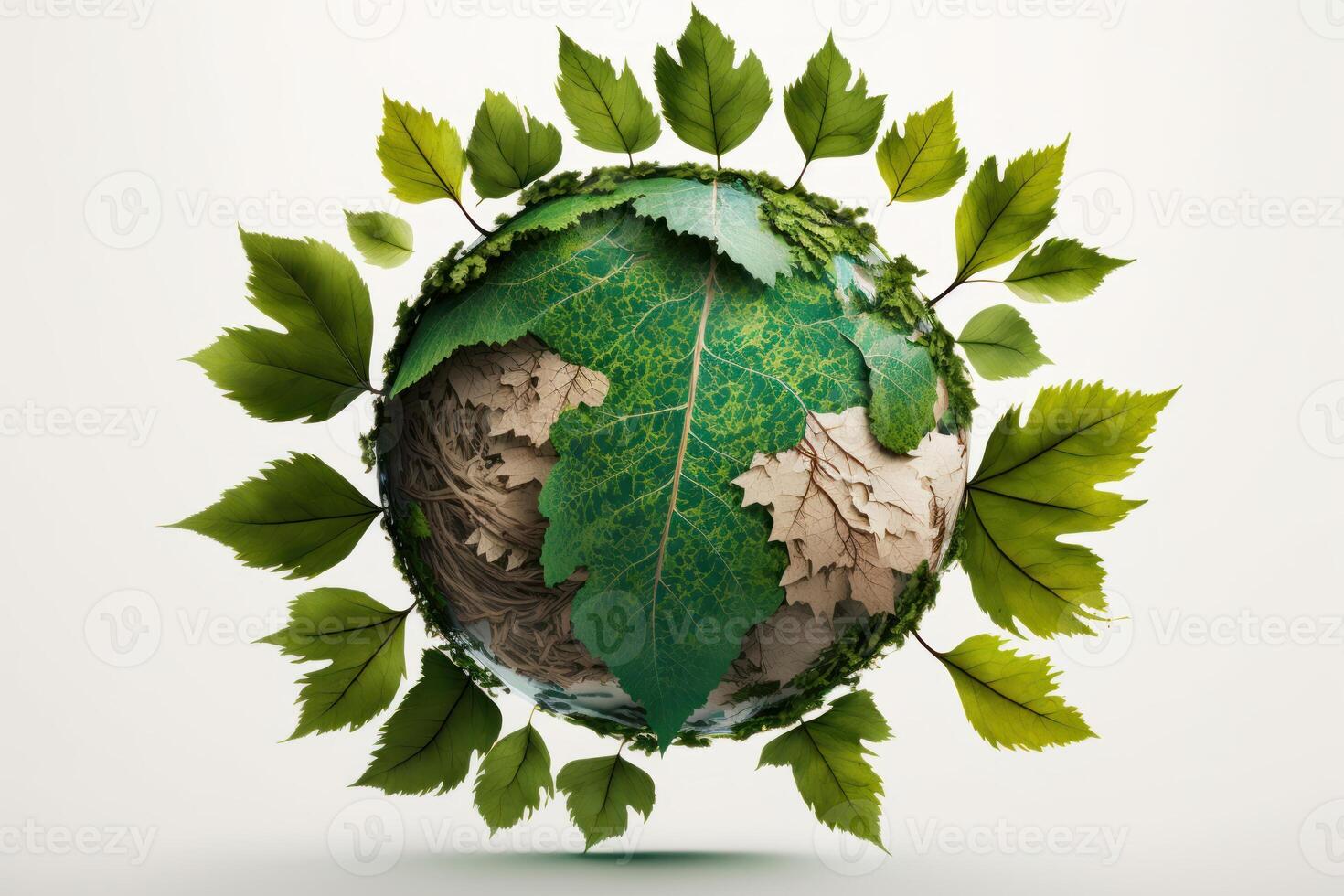 Leaves in forming an eco friendly earth shape, World environment day and Earth day. photo