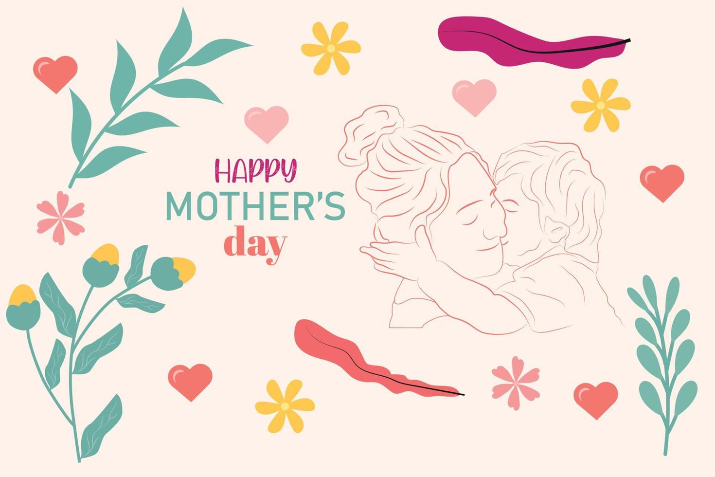 Happy mothers day celebration greeting card and  mom and child love vector