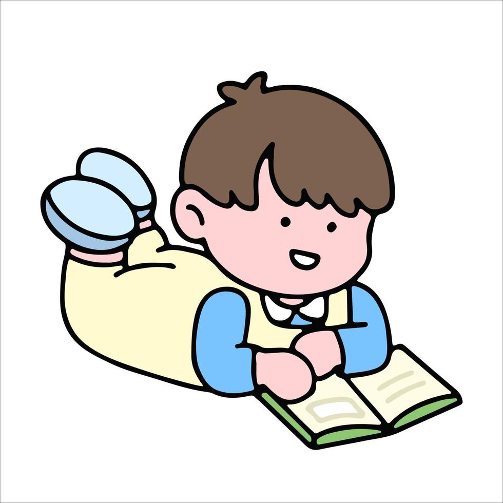 A cute boy character, reading a book, studying and doing homework, isolated on a background, for a back-to-school concept. vector