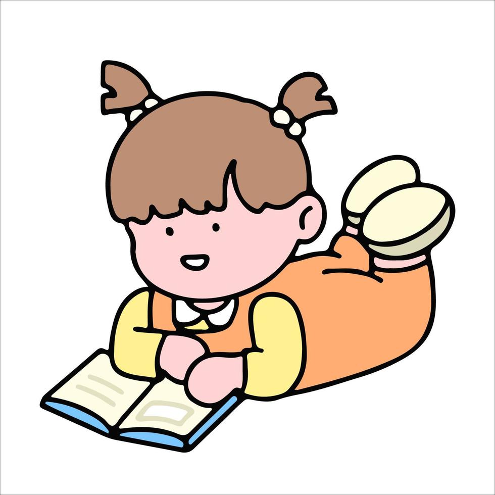 A cute girl character, reading a book, studying and doing homework, isolated on a background, for a back-to-school concept. vector