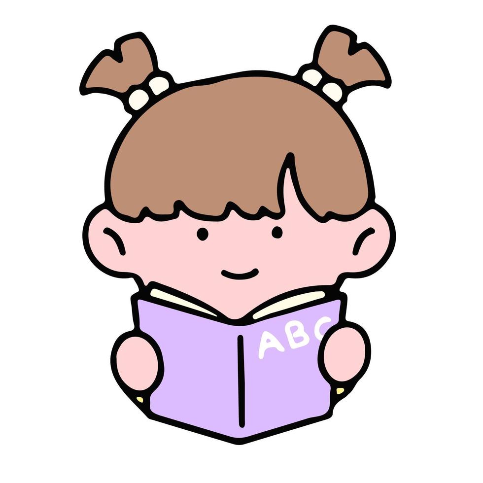 A cute girl character, reading a book, studying and doing homework, isolated on a background, for a back-to-school concept. vector