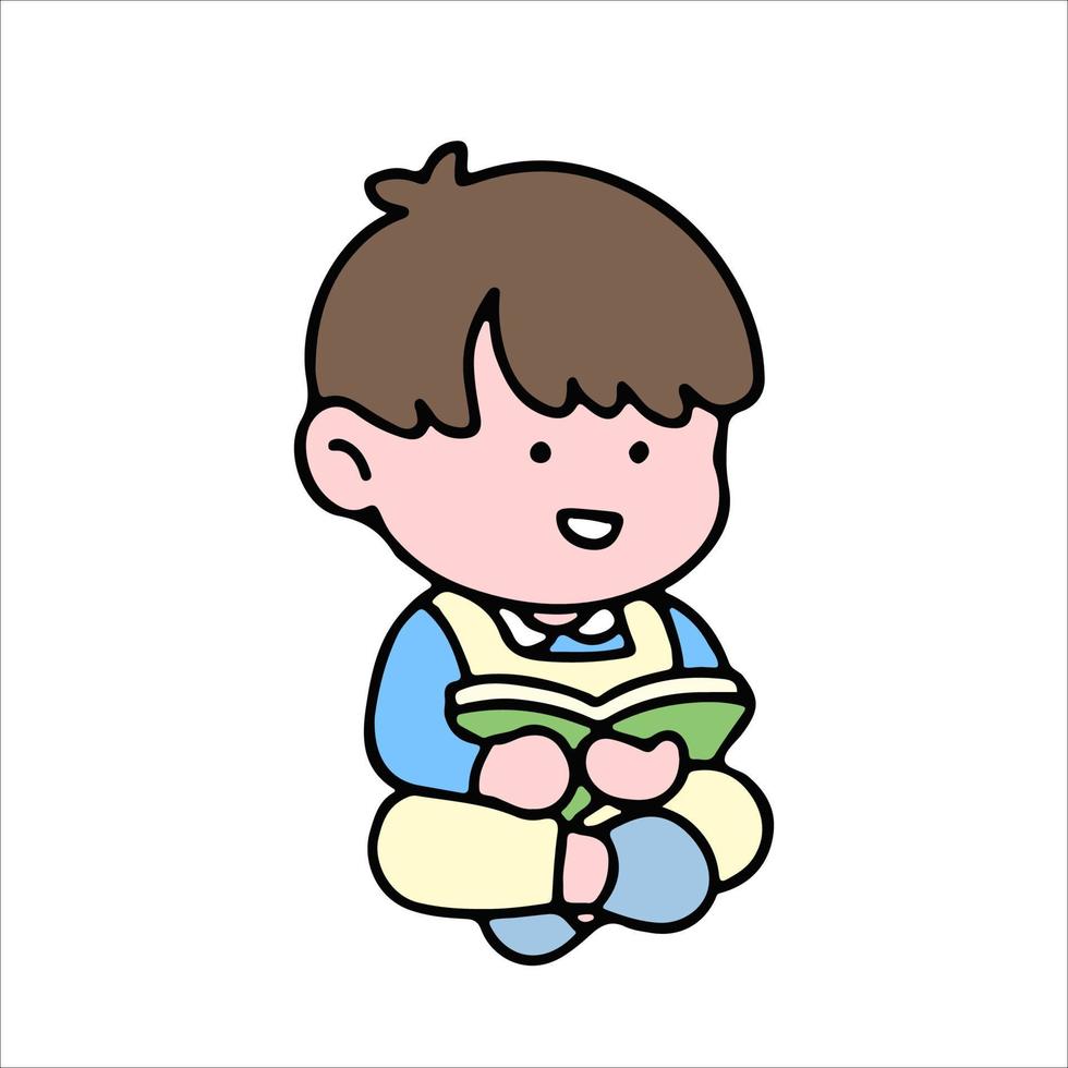 A cute boy character, reading a book, studying and doing homework, isolated on a background, for a back-to-school concept. vector