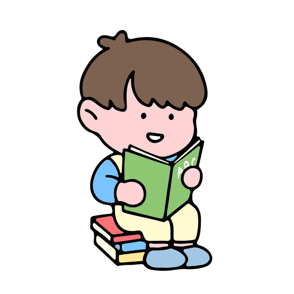 A cute boy character, reading a book, studying and doing homework, isolated on a background, for a back-to-school concept. vector