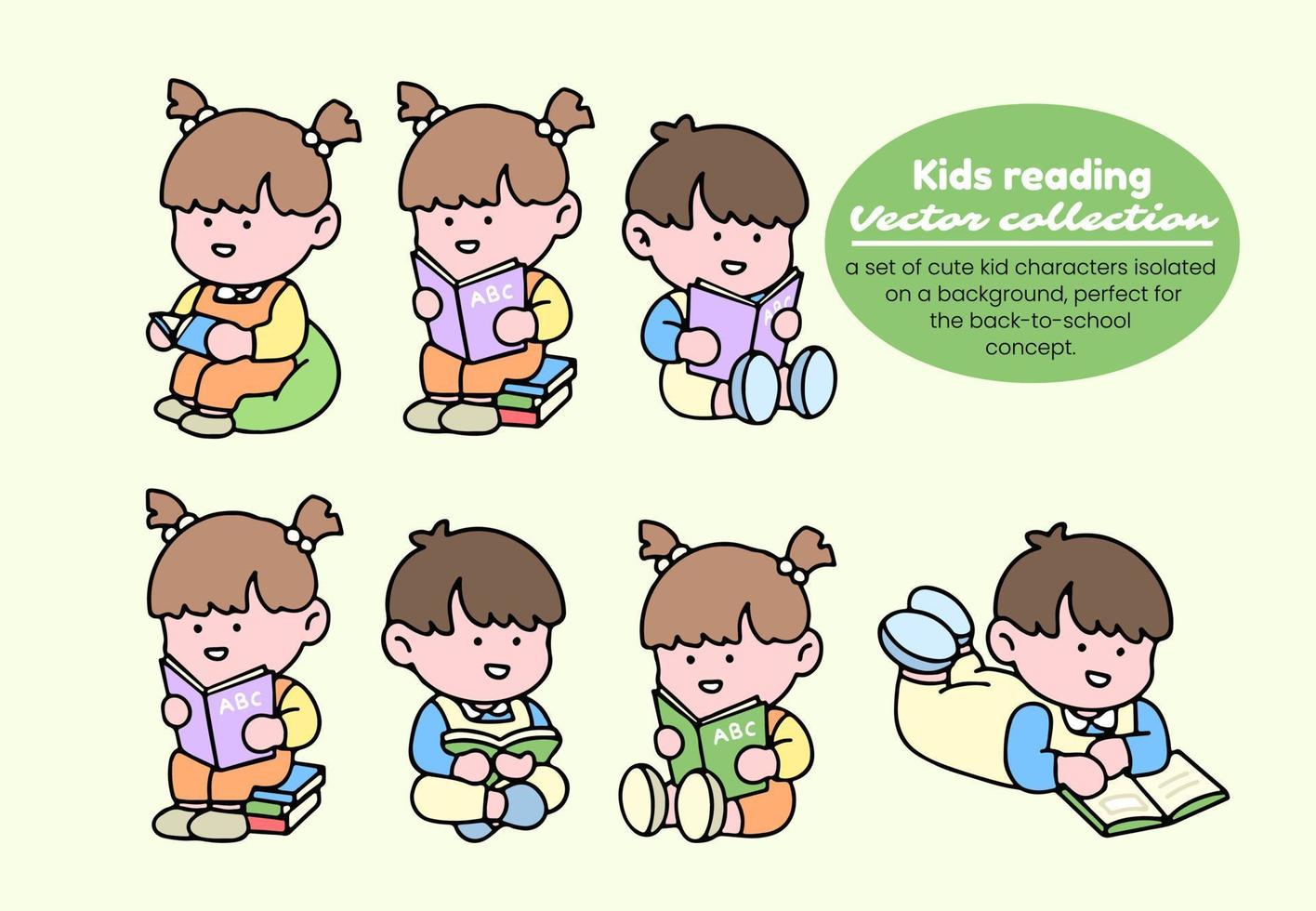 Kids reading vector collection. A set of cute kid characters isolated on a background, perfect for back to school concept.