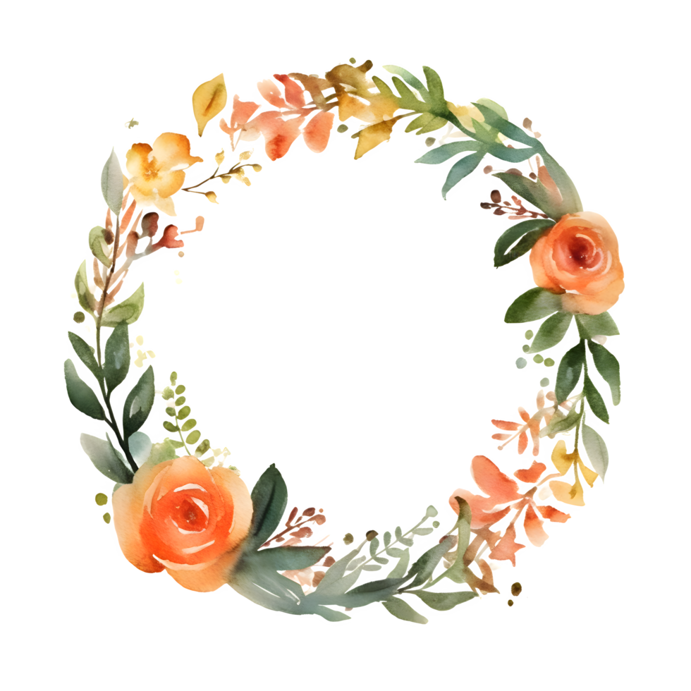 Rustic Greenery and Flower Round Frame Design for Summer Weddings and Events. Peonies, Roses, and Leaves in Mint and Green Tones. Watercolor PNG Transparent Background