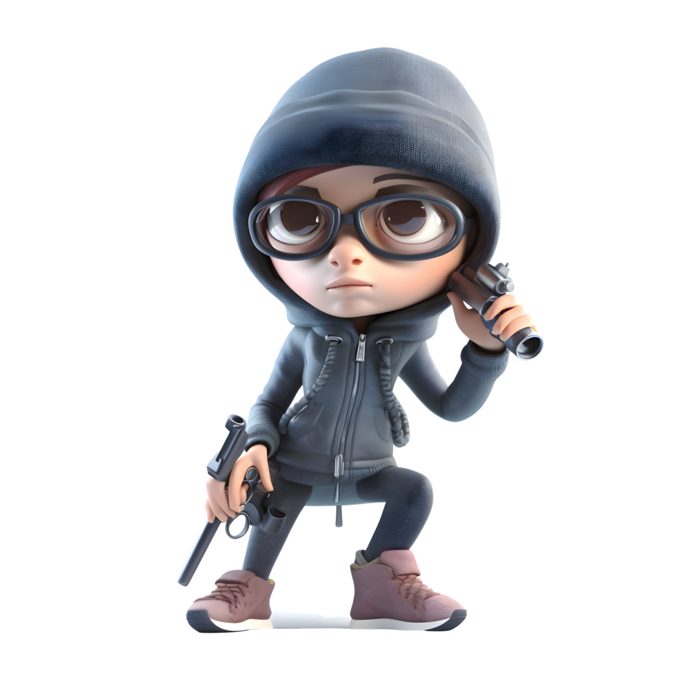 Energetic 3D Burglar Girl Active and Playful Model for Childrens Games and Videos PNG Transparent Background