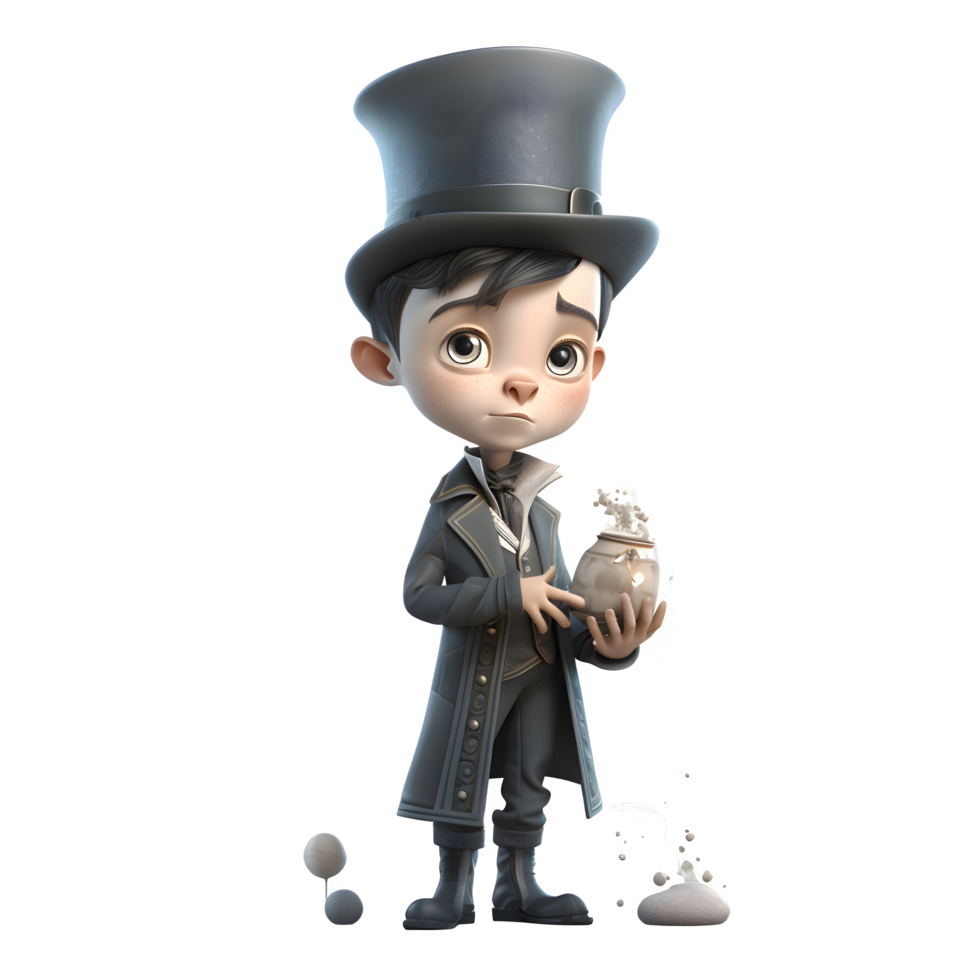 Playful 3D Boy Magician with Toy Magic Set Perfect for Toy or Game Packaging Designs. PNG Transparent Background