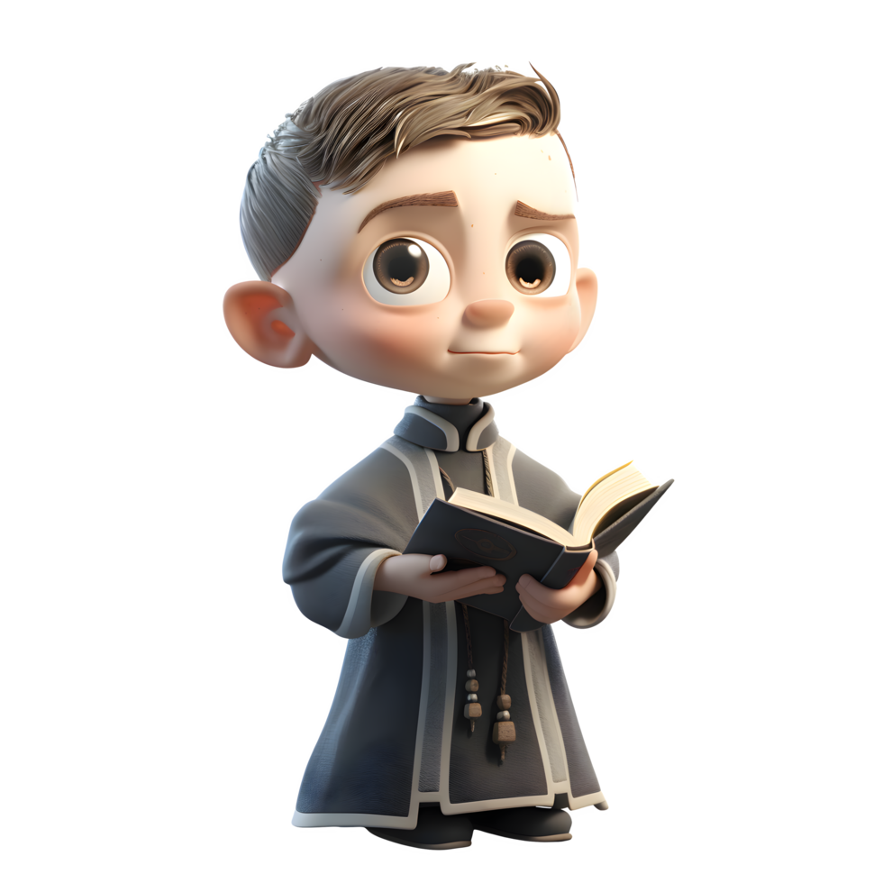 Digital 3D Character of a Priest with Bible and Rosary on White Background PNG Transparent Background