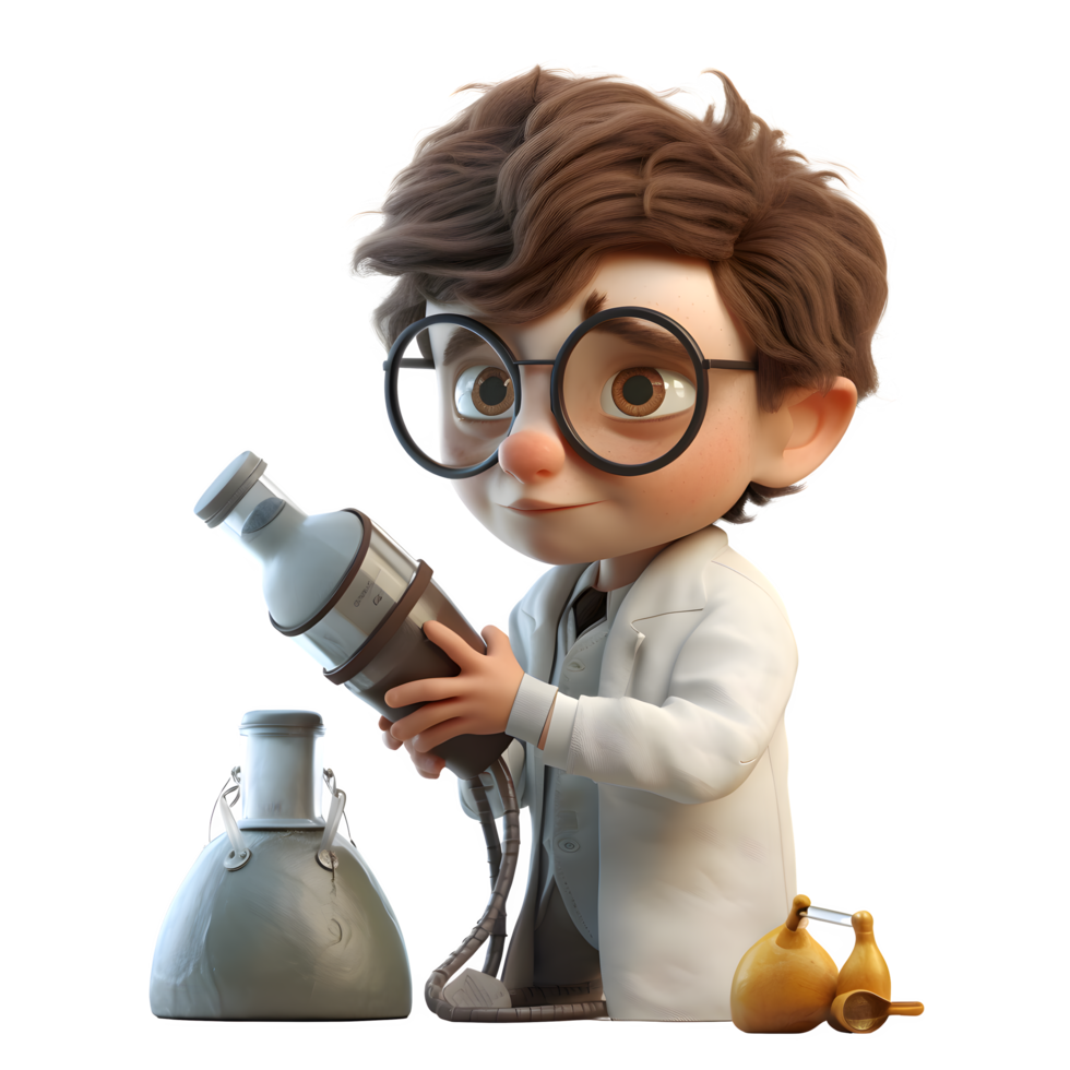 3D scientist man examining chemical compounds in lab experiment PNG Transparent Background
