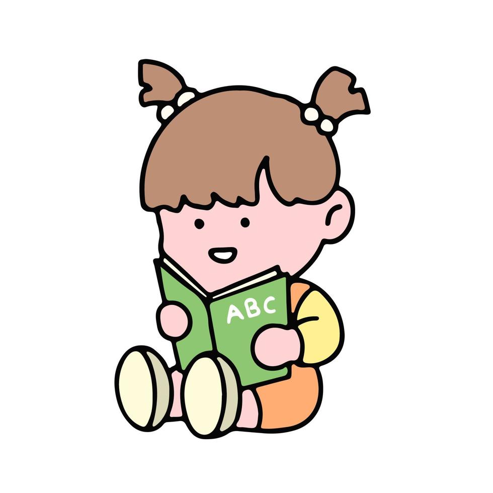 A cute girl character, reading a book, studying and doing homework, isolated on a background, for a back-to-school concept. vector