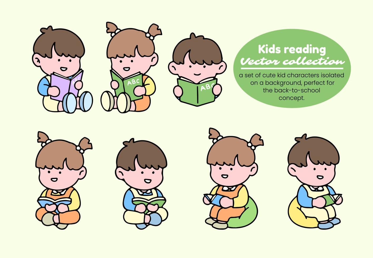 Kids reading vector collection. A set of cute kid characters isolated on a background, perfect for back to school concept.