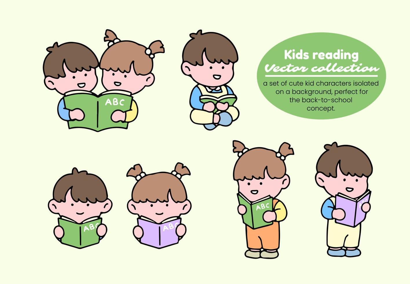 Kids reading vector collection. A set of cute kid characters isolated on a background, perfect for back to school concept.